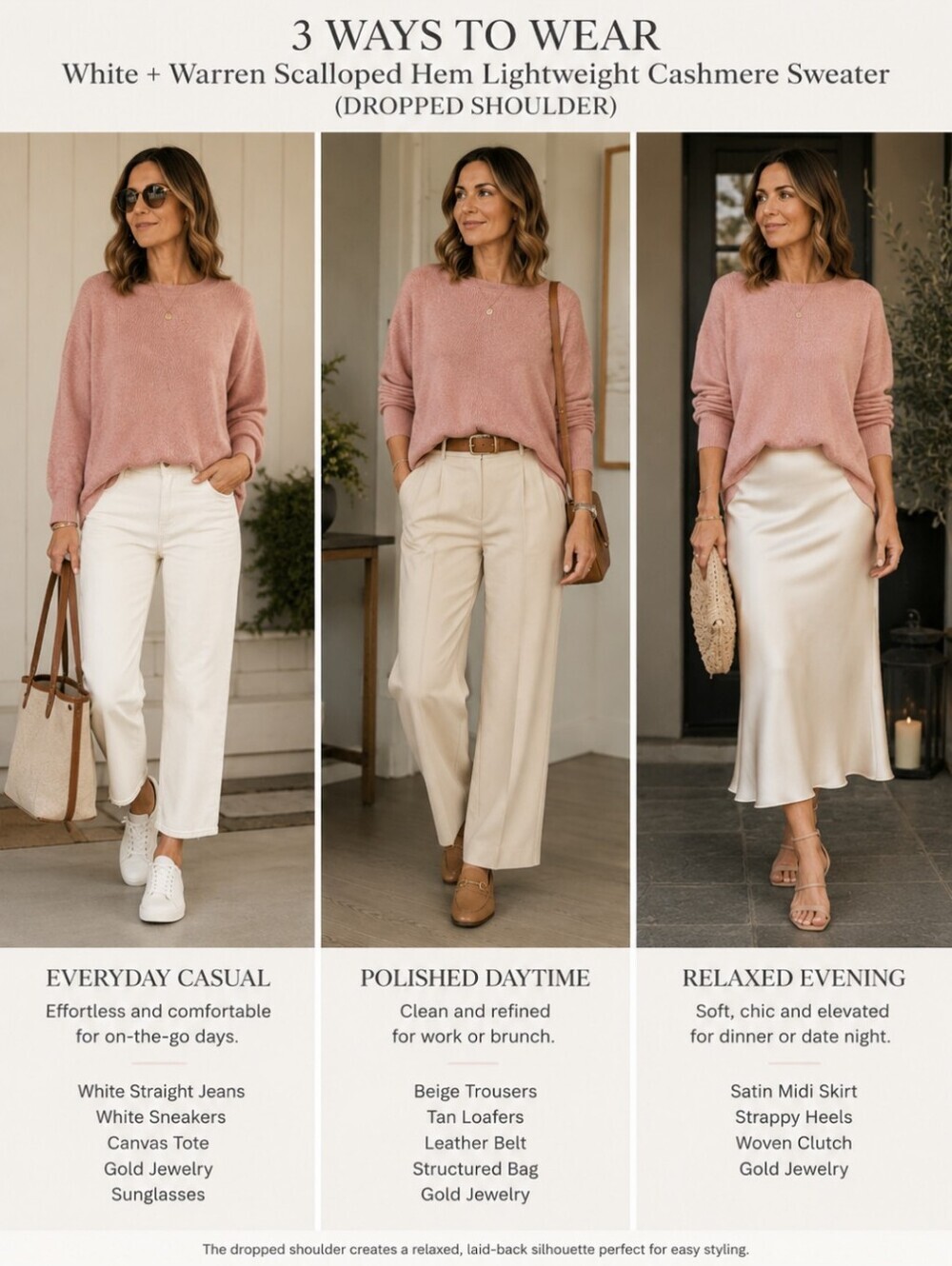 Cashmere White + Warren Drop Should Lightweight Sweater Scalloped Hem Pink M